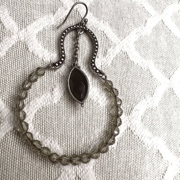 Beaded Dangle Drop Earrings Silver Tone Black Facet Stone Clear Rhinestone Beads - Picture 5 of 5